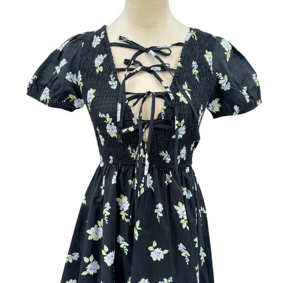 Petal + Pup NWT Winny Black Floral Open Tie Front Smocked Cotton Mini Dress - Picture 10 of 15
